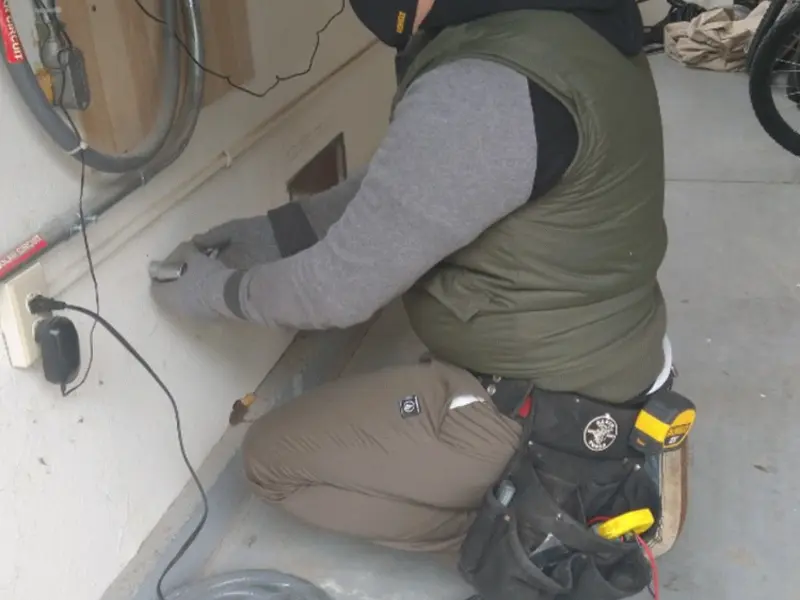 Electrician performing outlet wiring in a Sarasota Springs garage